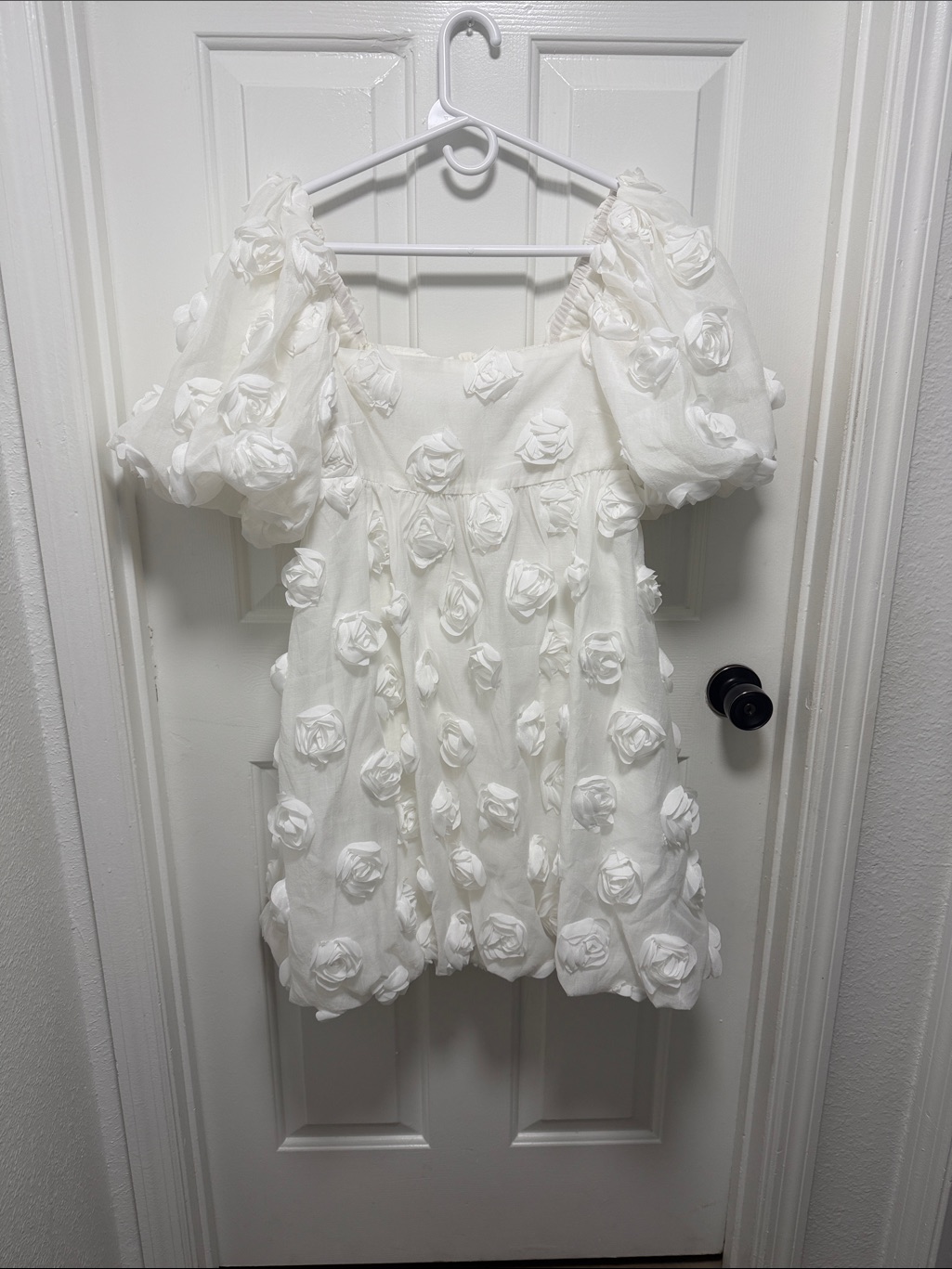Ivory Rosette Puff-Sleeve Mini Dress